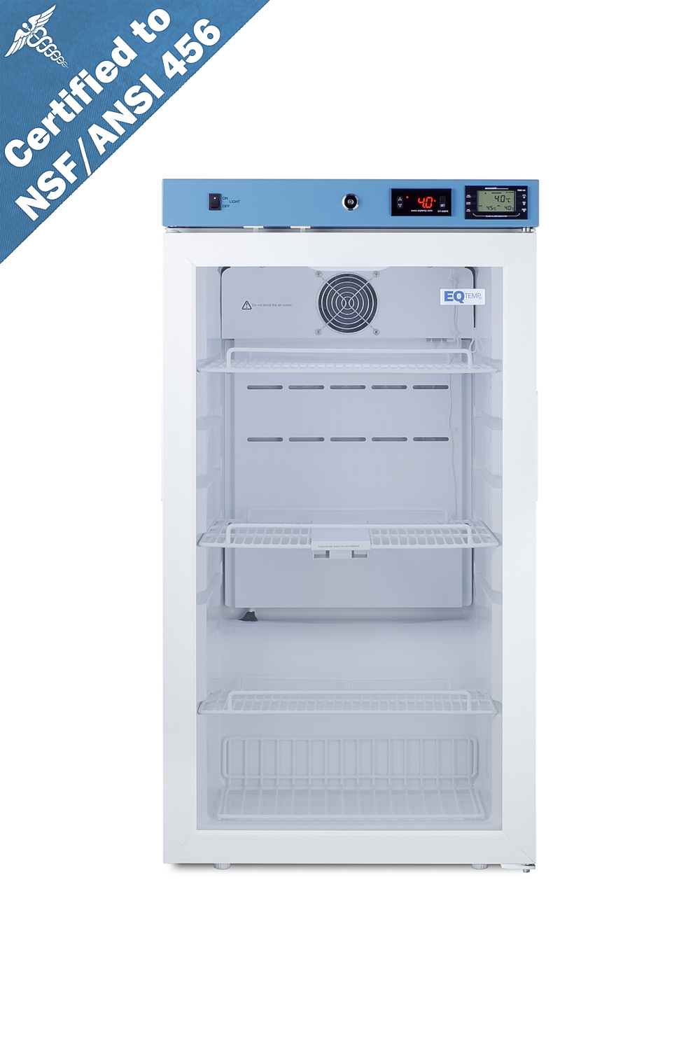 Healthcare all-refrigerator certified to NSF/ANSI 456 with self-closing glass door, front lock, digital controls, and NIST-calibrated temperature readout